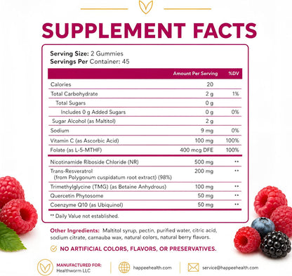 Happee NAD+ Gummies Supplement for Women & Men, Sugar-Free 1,000mg 90 Ct | Healthy Aging, Energy, & Focus 5-in-1 NAD Plus Resveratrol, Nicotinamide Riboside 500mg NR, TMG, Quercetin, & CoQ10