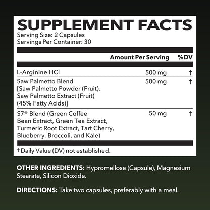 L-Arginine with Saw Palmetto for Men Capsules, Vegan, Non-GMO, 30 Servings | Vegan, Non-GMO Nitric Oxide and Prostate Health Supplements for Men, Endurance and Urinary Tract Function Support