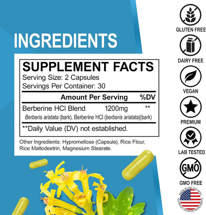 Berberine Supplement Capsules - 1200mg Berberine HCL Supplement for Healthy Metabolic Support - Premium Natural Complex for Women & Men, Pure Support Capsules Supplements - 60 Pills