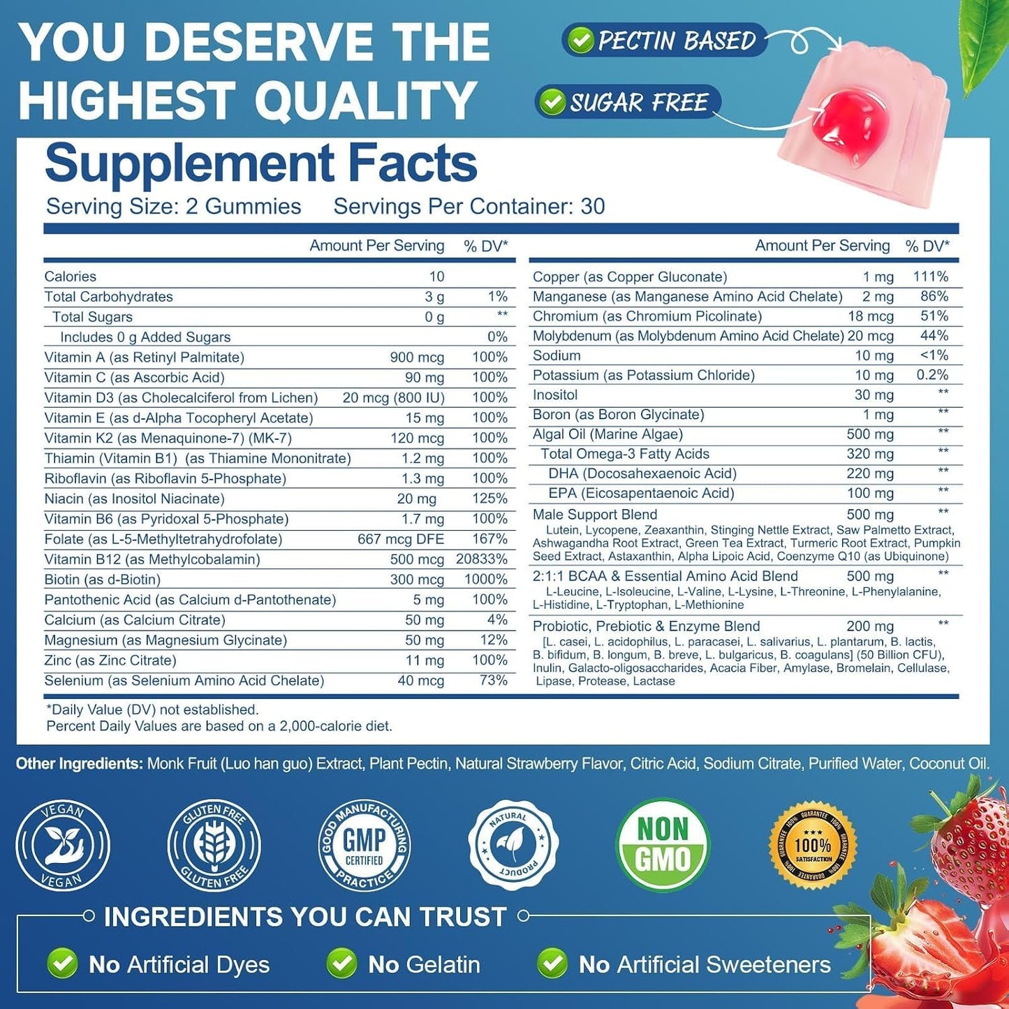 Totaria Sugar Free Multivitamin for Men with Omega 3, Probiotics, Mens Multivitamins Gummies w/Methylated B Complex, EAAs, Lycopene, Zinc, for Daily Energy, Immune, Heart, Iron Free, 60 Count