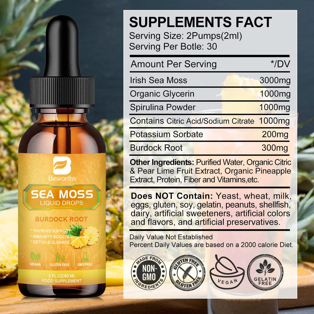 B BEWORTHS Sea Moss Liquid Drops - Organic Irish Sea Moss Gel with Burdock Root