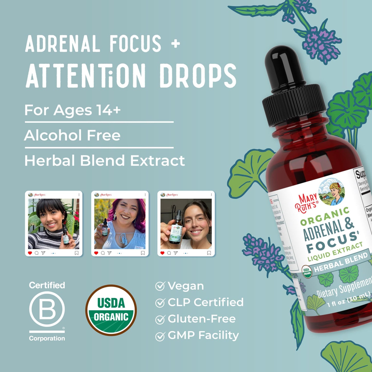 MARYRUTH'S Kids Focus & Attention Drops | USDA Organic Drops | Ginkgo Biloba | Rhodiola Root & Licorice Root | Adaptogenic | Calm | Vegan | Non-GMO | Gluten Free | 30 Servings