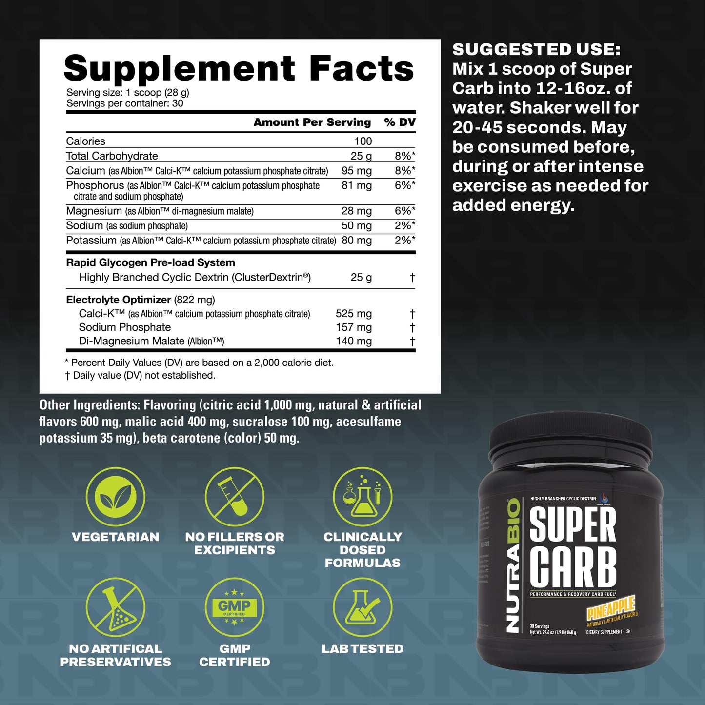 NutraBio Super Carb, Carbohydrate Powder with Cluster Dextrin & Electrolytes, Advanced Carb Supplement Powder for Workout Fuel, Performance, and Muscle Recovery, Cyclic Dextrin, Unflavored, 30 Sv