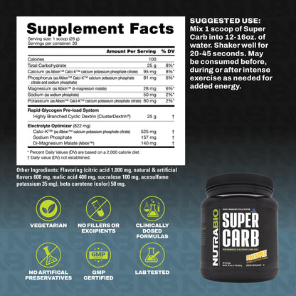 NutraBio Super Carb, Carbohydrate Powder with Cluster Dextrin & Electrolytes, Advanced Carb Supplement Powder for Workout Fuel, Performance, and Muscle Recovery, Cyclic Dextrin, Unflavored, 30 Sv