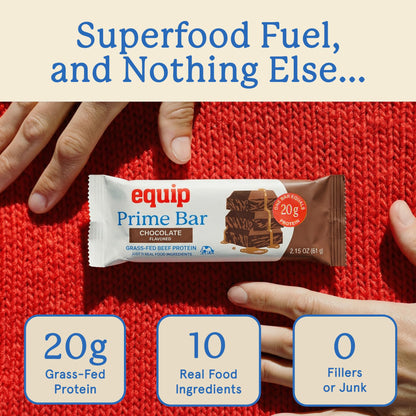 Equip Foods High Protein Prime Bars – Grass Fed Beef Protein, Collagen & Tallow – Gut Friendly, Gluten Free 20g Protein Bars - Only Real-Food Ingredients - Peanut Butter Chocolate, 12 Count