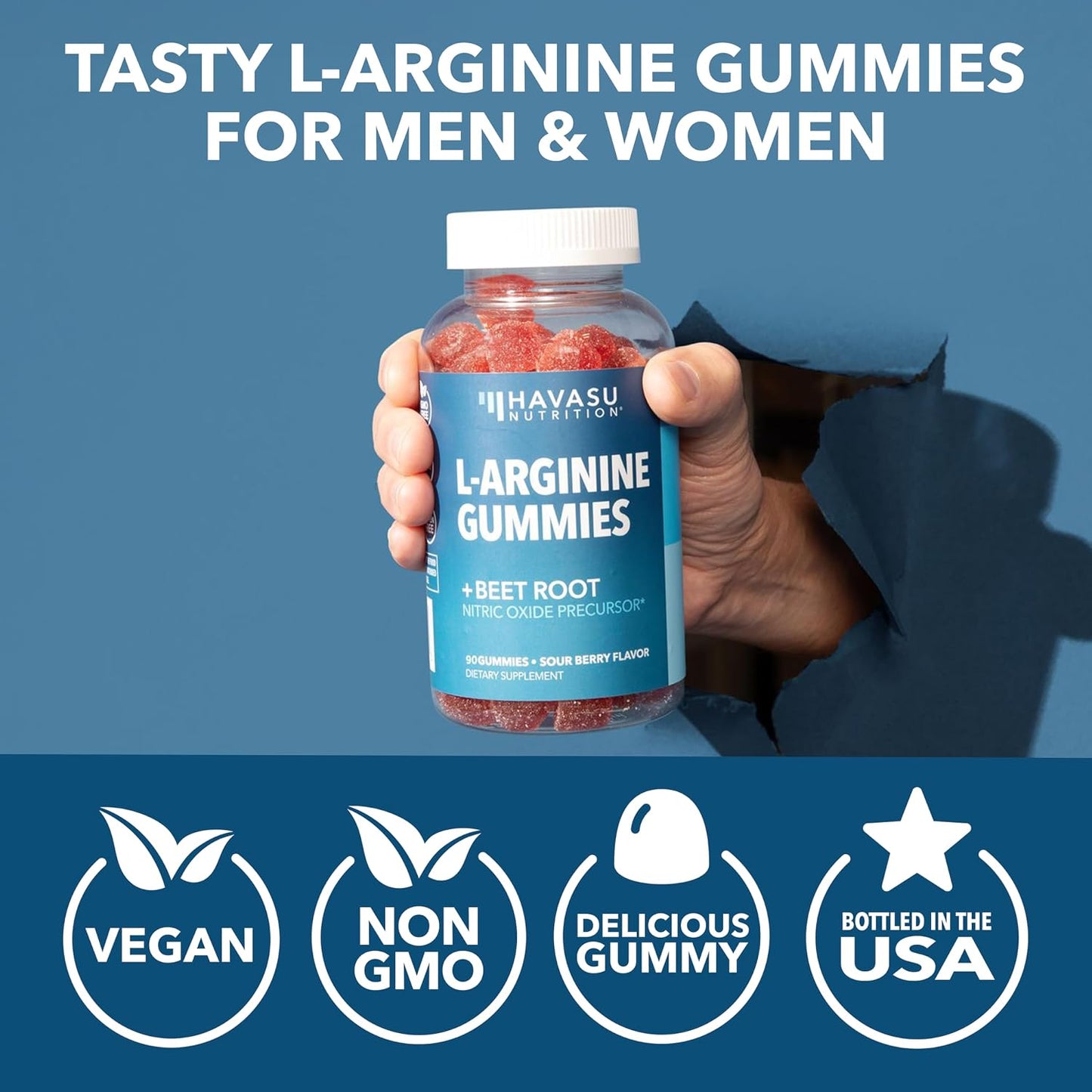 L-Arginine with L-Citrulline and Beet Root Gummies, Sour Berry, 30 Servings | Vegan, Non-GMO Nitric Oxide Supplement for Energy, Endurance, and Recovery Support, Energizing Sour Berry Flavor