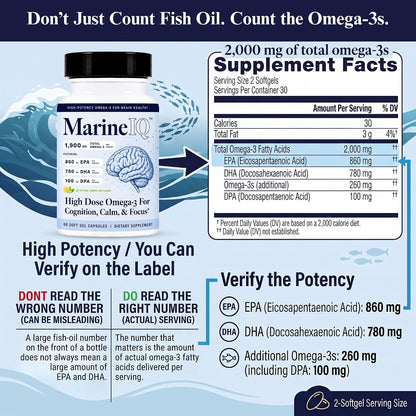 Utzy Naturals MarineIQ | High-Potency Omega-3 for Brain Health | 60 Softgel