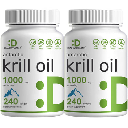 DEAL SUPPLEMENT Antarctic Krill Oil, 1,000mg Per Serving, 240 Softgels – Mercury Free, No Fishy Taste – Rich in Omega-3s, EPA, DHA, Astaxanthin, & Phospholipids – Non-GMO, No Gluten