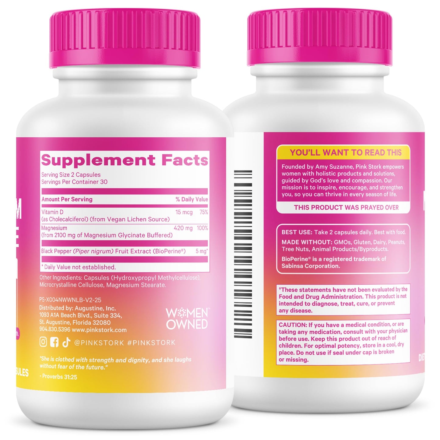 Pink Stork Magnesium Glycinate with Vitamin D, 60 Capsules | Magnesium Supplement for Women, Supports Natural Calm, Mood, and Sleep, Hormone Balance for Women, 1 month supply