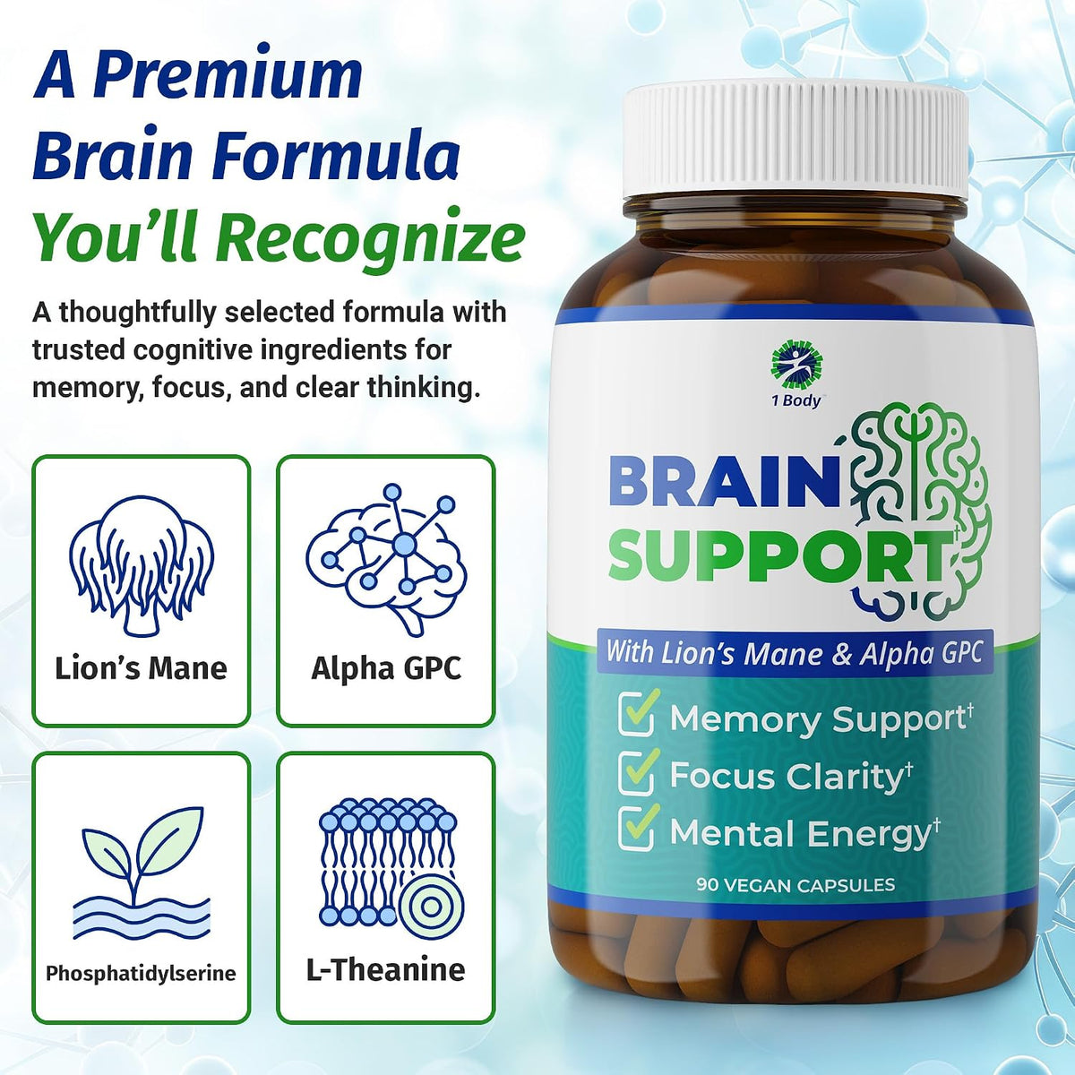 1 Body Brain Support - Bacopa Monnieri, Lion’s Mane for Memory & Focus
