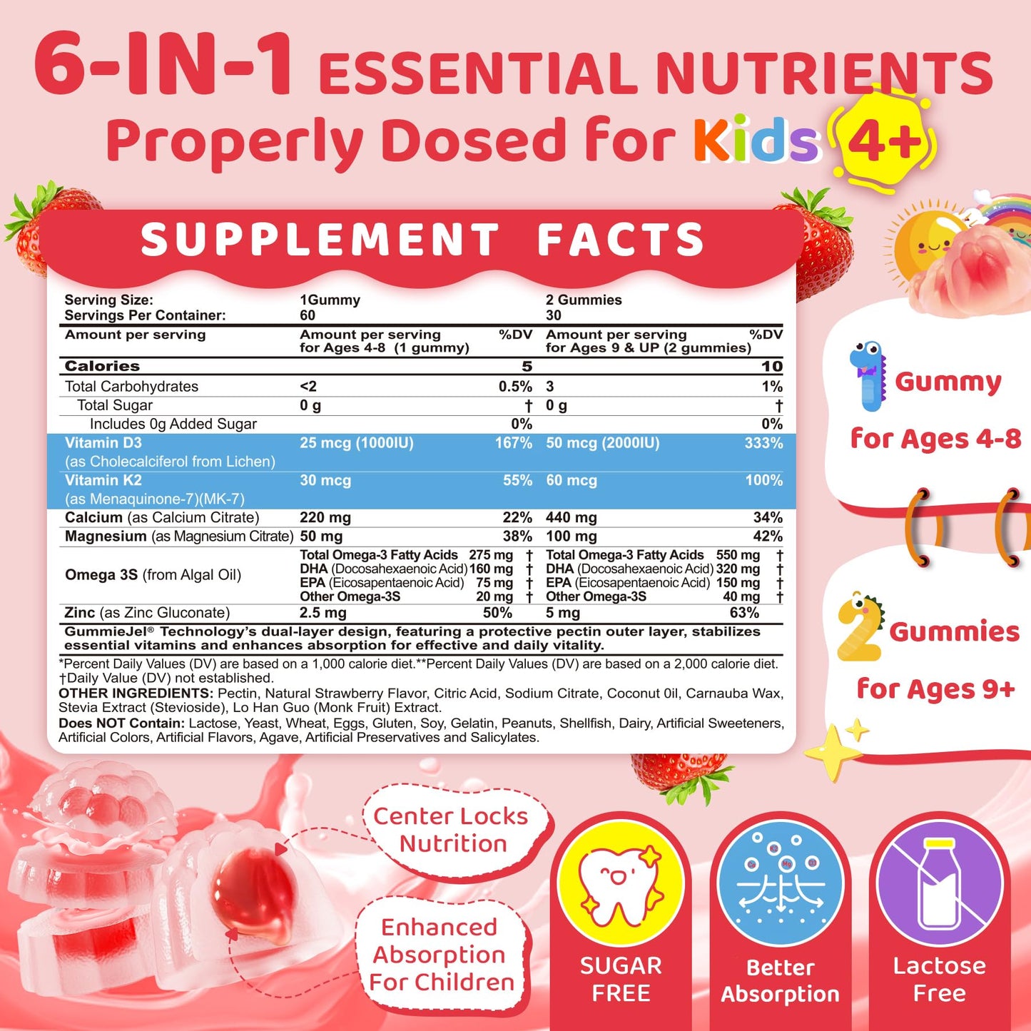Vitamin D3 K2 + Calcium Liquid-filled Gummies for Kids & Teens, 1000IU / 2000IU D3 with Magnesium, Algal Omega 3, Kids Vitamins for Bones & Teeth, Calcium Absorption, Brain, Immune, Sugar-Free, 60Cts