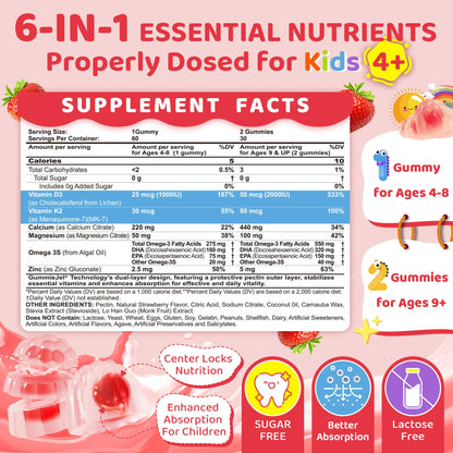Vitamin D3 K2 + Calcium Liquid-filled Gummies for Kids & Teens, 1000IU / 2000IU D3 with Magnesium, Algal Omega 3, Kids Vitamins for Bones & Teeth, Calcium Absorption, Brain, Immune, Sugar-Free, 60Cts
