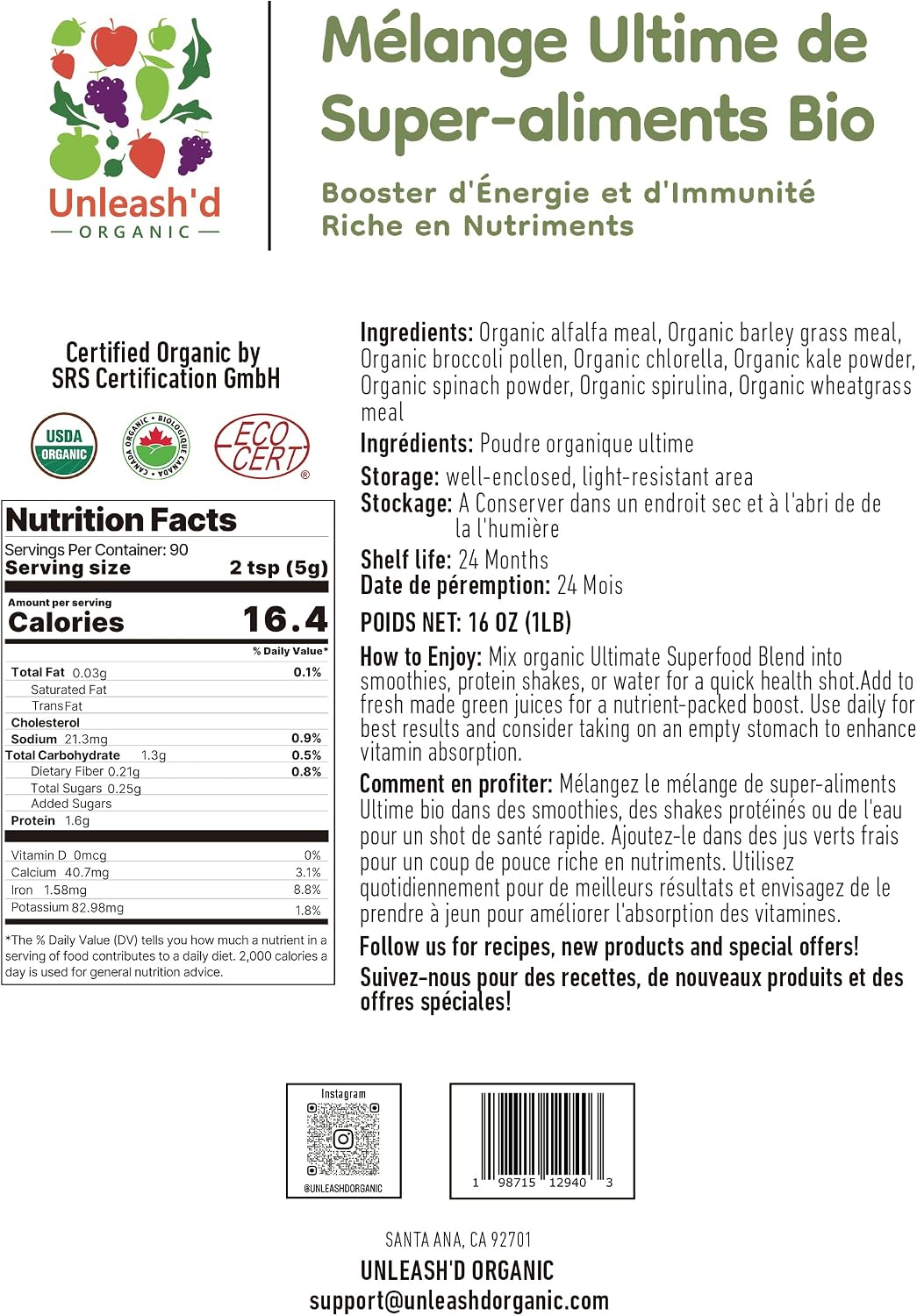 UNLEASH'D ORGANIC Organic Ultimate Superfood Powder 1 lb – 100% Natural Green Food, Rich in Antioxidants & Multivitamins