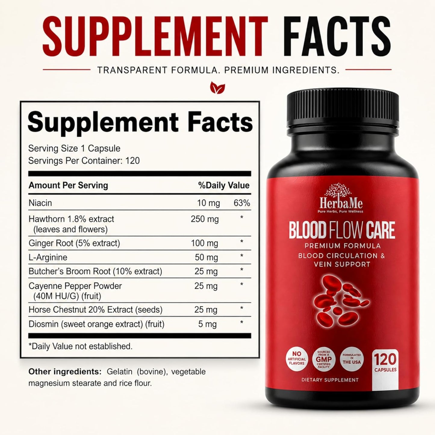 HerbaMe Blood Circulation Supplement, 120 Capsules, Supports Healthy Blood Flow & Leg Vein Wellness with Niacin, L-Arginine, Hawthorn, Ginger, Cayenne, Diosmin & Horse Chestnut