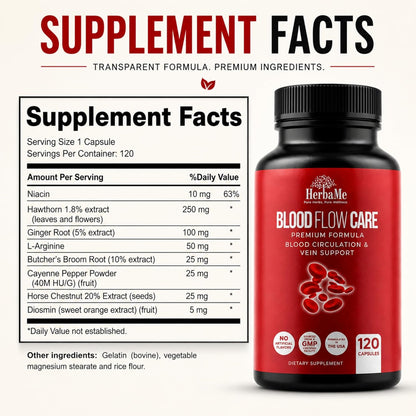 HerbaMe Blood Circulation Supplement, 120 Capsules, Supports Healthy Blood Flow & Leg Vein Wellness with Niacin, L-Arginine, Hawthorn, Ginger, Cayenne, Diosmin & Horse Chestnut