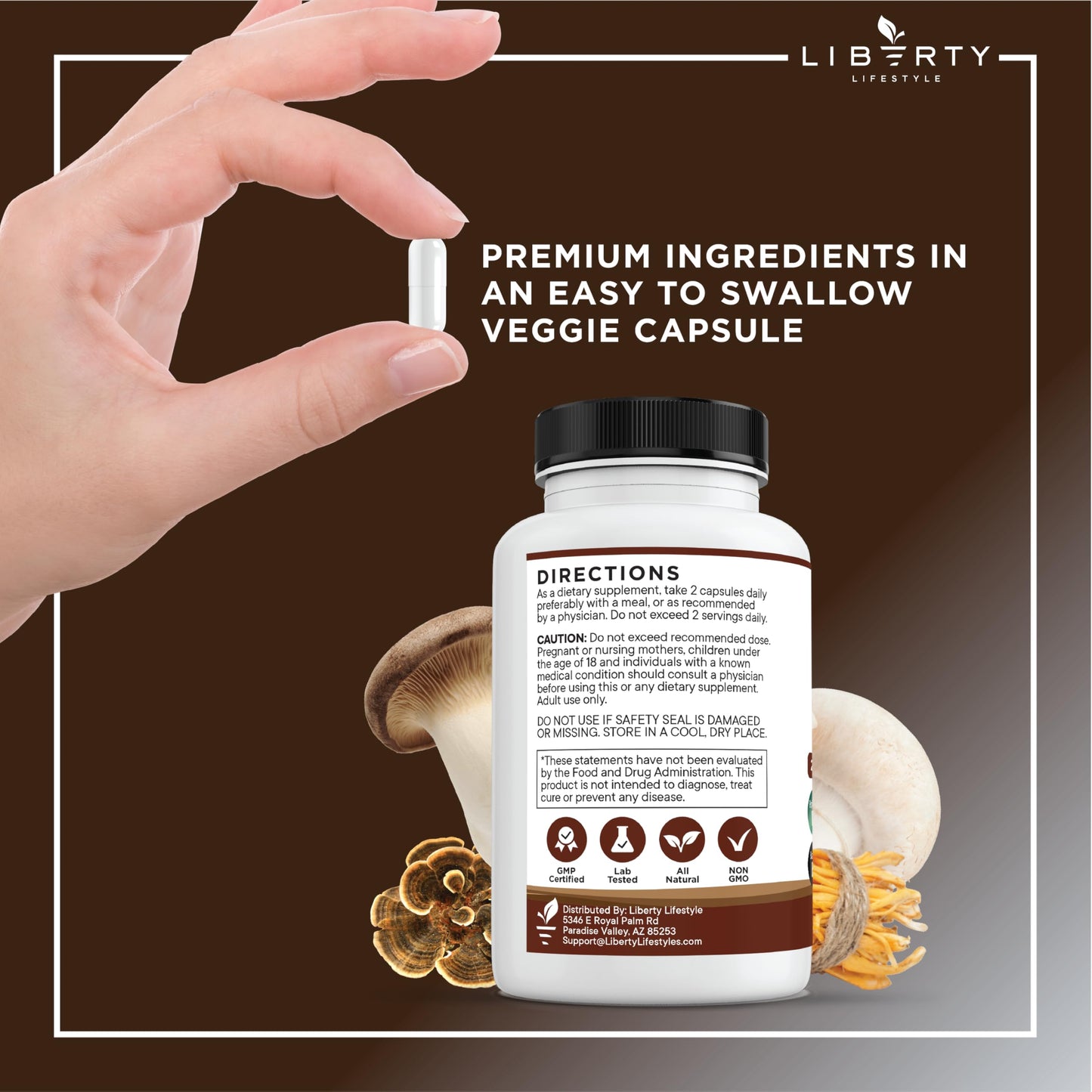 Liberty Lifestyle Lions Mane Mushroom Supplement with Turkey Tail Reishi Cordyceps Chaga with Marshmallow Root - 2-Pack