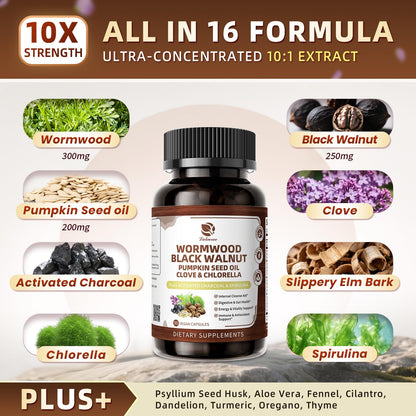 Wormwood Black Walnut Cleanse for Human 1200mg - Gut Health Supplement | Plus Pumpkin Seed Oil,Clove,Activated Charcoal for Daily Digestive Balance - Men & Women Probiotic Capsules -Vegan, 60 Count