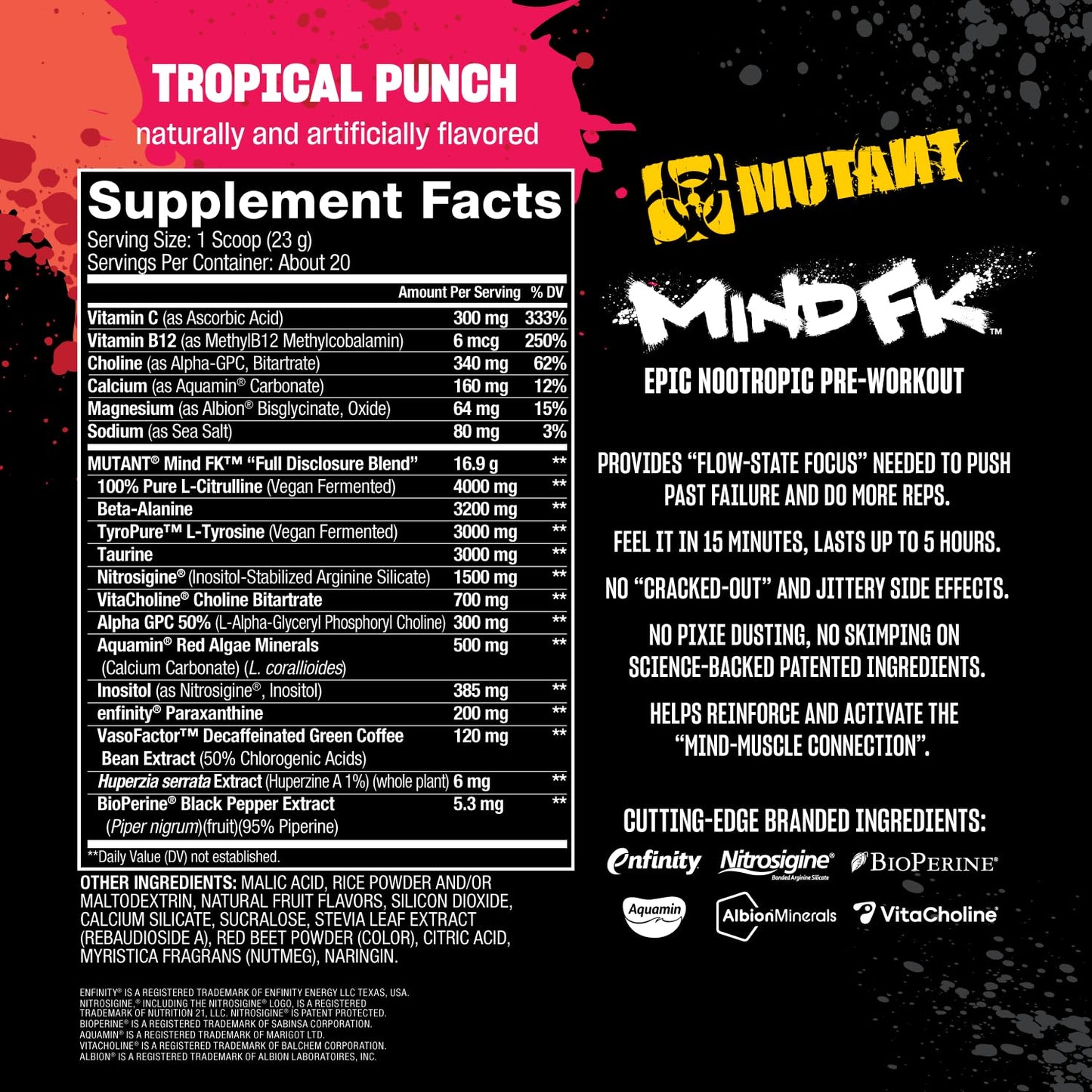 Mutant Mind FK - Epic Nootropic Pre-Workout - Brain Supplement for Mental Focus - 20 Serve - Blue Raspberry - 460g