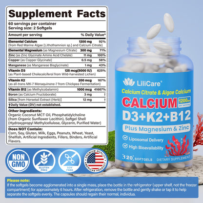 Calcium 1200 mg with Vitamin D3 K2 5000 IU Softgels Supplement for Women Men - Liposomal Calcium Citrate & Algae Calcium Magnesium Zinc + D3 K2 B12, Plant-Based Vegan Vitamin D, Boron for Bone,120ct