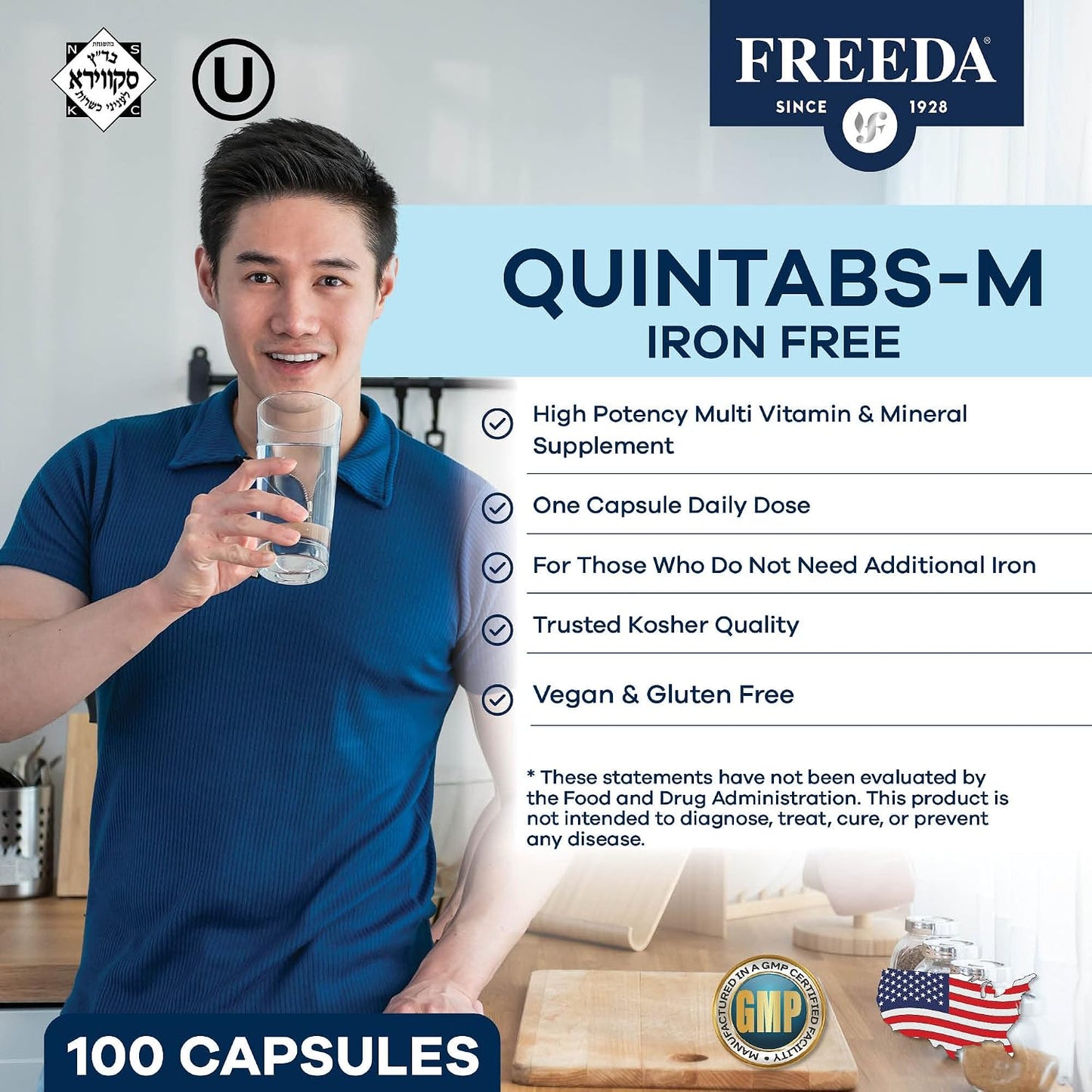 FREEDA One Daily Multivitamin Without Iron - Quintabs-M - 100 Capsules | Iron-Free Multivitamin - Supporting Balanced Nutrition & GLP-1 Health for Men & Women - Complete Daily Vitamins