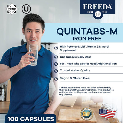 FREEDA One Daily Multivitamin Without Iron - Quintabs-M - 100 Capsules | Iron-Free Multivitamin - Supporting Balanced Nutrition & GLP-1 Health for Men & Women - Complete Daily Vitamins