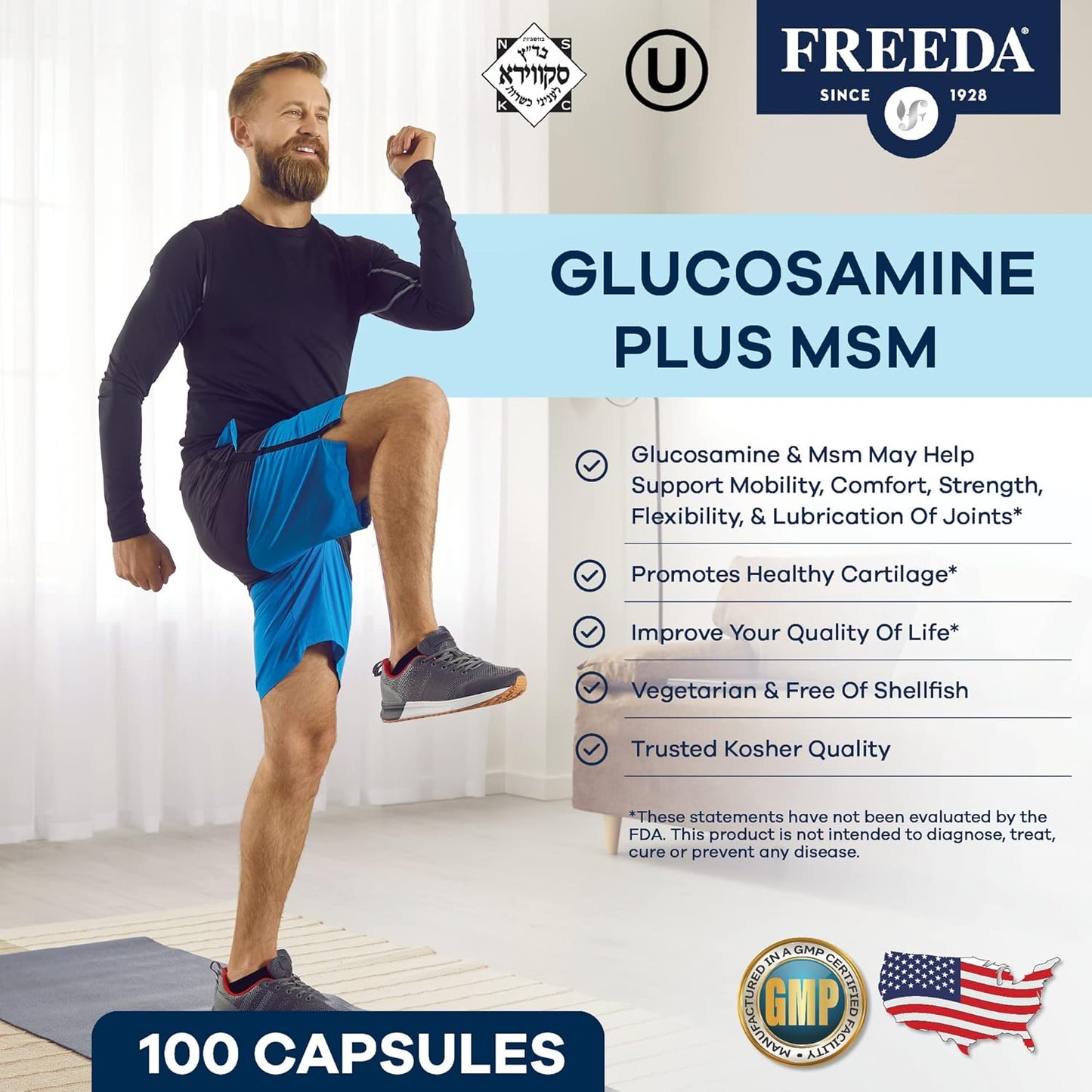 FREEDA Glucosamine 1500mg + MSM 750mg for Bone & Joint Support – 100ct | For Active Lifestyles – Supports Knees, Hips, Flexibility, & Mobility – Vegan, Kosher, Shellfish-Free, Made in USA