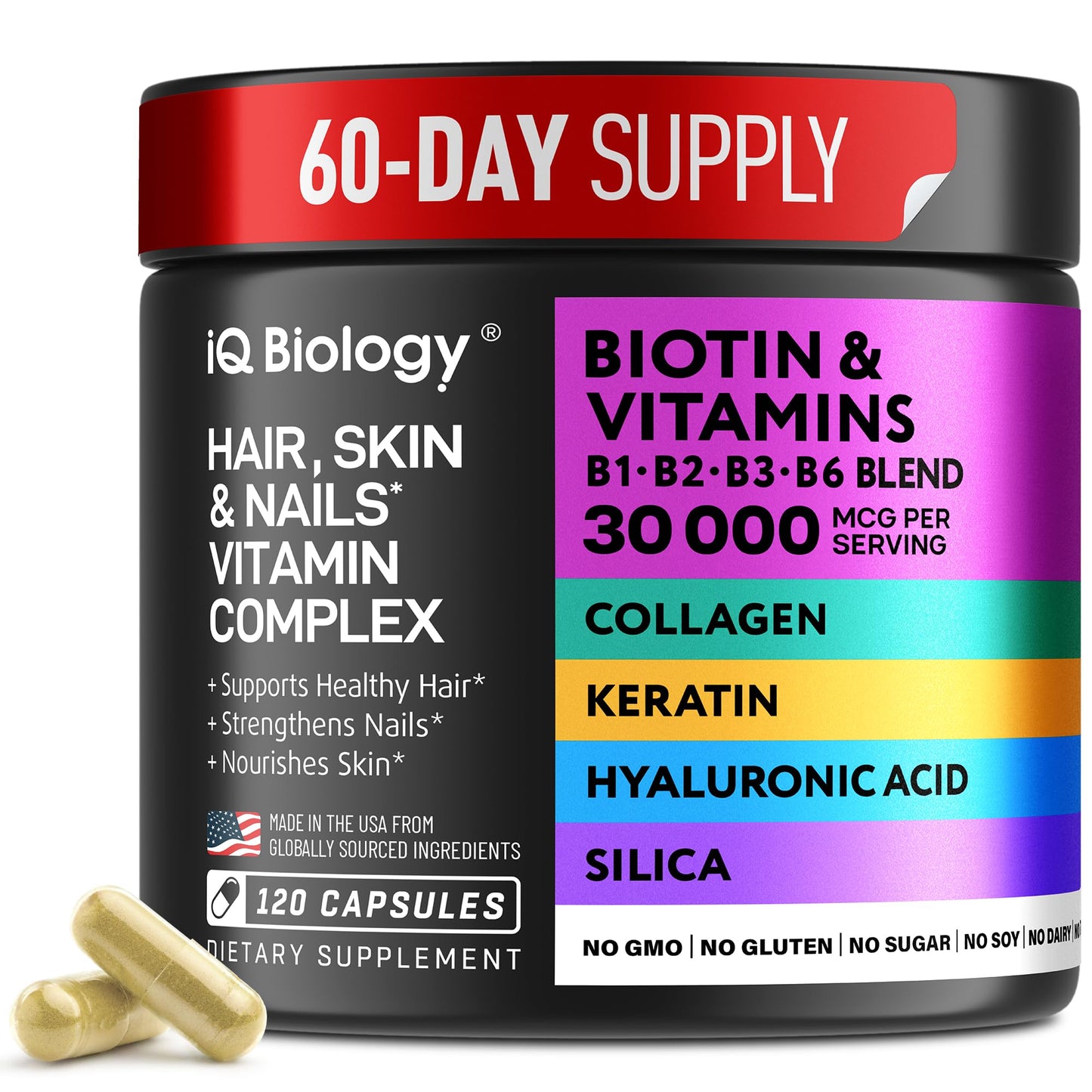 Biotin 10,000 mcg Supplement - Hair Growth Support for Women & Men - 60 pcs | Hair Skin and Nail Vitamins with Keratin, Collagen, Hyaluronic Acid & Vitamin B Complex - 30,000 mcg Hair Vitamins Complex