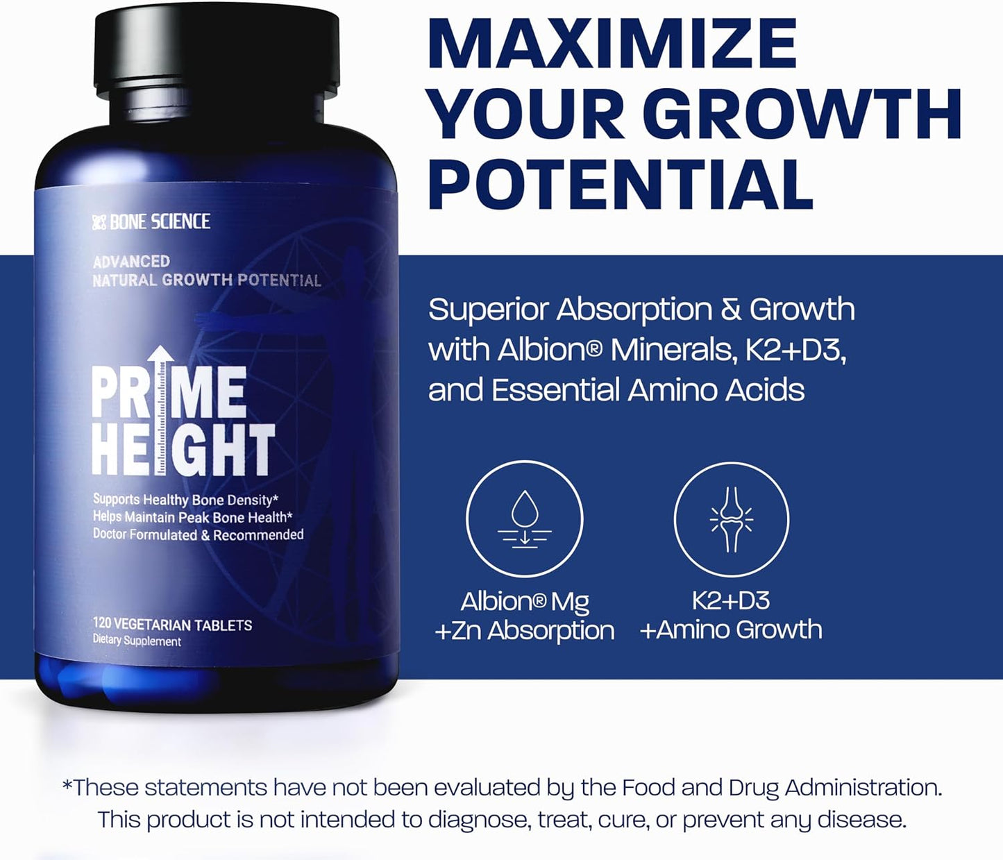 BONE SCIENCE Primeheight Bone & Growth Support with Calcium, Vitamin D3, K2, Magnesium, Zinc - Nutrient-Based Vegan Immune Formula, Non-GMO, 120 Tablets