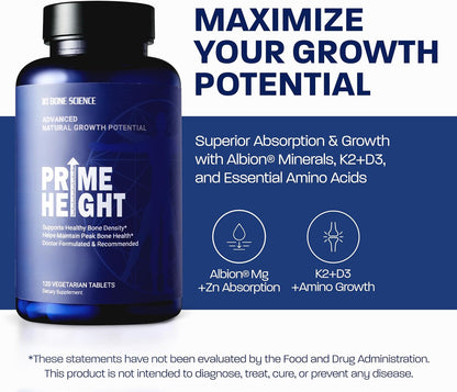 BONE SCIENCE Primeheight Bone & Growth Support with Calcium, Vitamin D3, K2, Magnesium, Zinc - Nutrient-Based Vegan Immune Formula, Non-GMO, 120 Tablets