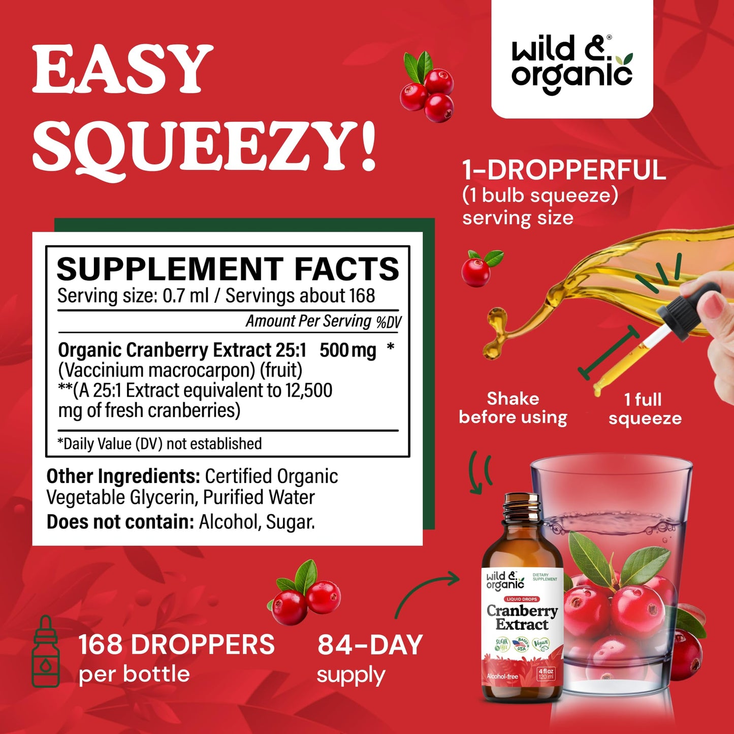 Wild & Organic Cranberry Concentrate Liquid Drops - Urinary Tract Support with Cranberry Supplement for Women & Men - 500 mg Extract per Serving - Vegan, Sugar & Alcohol-Free - 4 fl oz