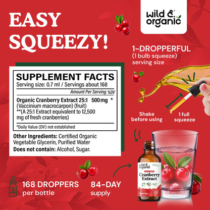 Wild & Organic Cranberry Concentrate Liquid Drops - Urinary Tract Support with Cranberry Supplement for Women & Men - 500 mg Extract per Serving - Vegan, Sugar & Alcohol-Free - 4 fl oz