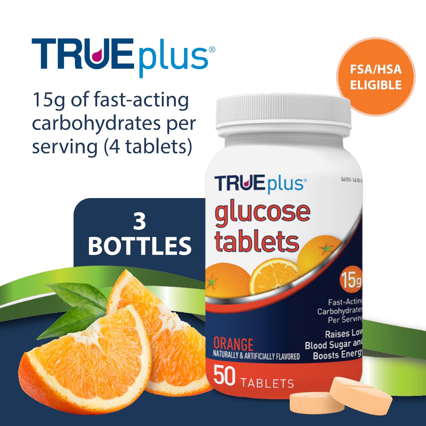 TRUEplus Glucose Tablets, Grape, Raspberry, Orange Flavors, 50 Count | Chewable Tablets, 15g Fast-Acting Carbohydrates, Fat Free, Gluten Free, Boosts Energy, Great Tasting and Easy to Use