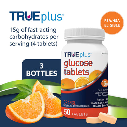 TRUEplus Glucose Tablets, Grape, Raspberry, Orange Flavors, 50 Count | Chewable Tablets, 15g Fast-Acting Carbohydrates, Fat Free, Gluten Free, Boosts Energy, Great Tasting and Easy to Use