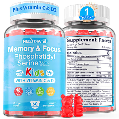 Phosphatidylserine Supplement 100mg, Focus Gummies for Kids Teens + Vitamin C & D3 400IU, Sugar Free Kids Brain Gummies Increase Attention & Concentration, Chewable, Vegan, Gluten Free, Non-GMO 2 Pack