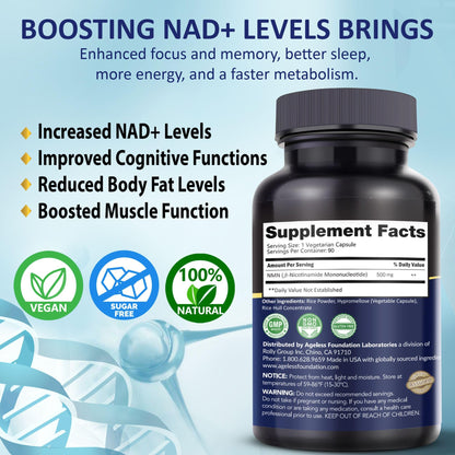 NMN Supplement 500mg For Women & Men 90 Capsules, Supports skin health | 99% Pure Nicotinamide Mononucleotide, NAD Boost for Healthy Aging & Cellular Energy, Longevity Support, Non-GMO Vegan