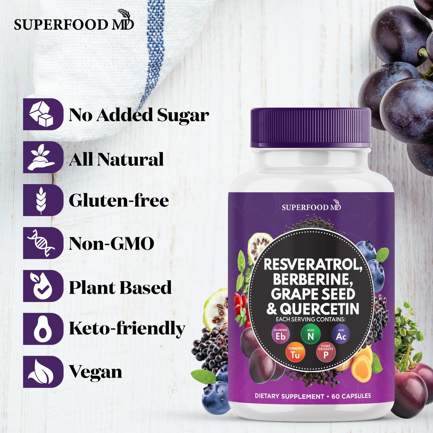 Resveratrol Berberine Grape Seed Extract Quercetin - Polyphenol Supplement with Noni Extract, N-Acetyl Cysteine, Acai Extract - Made in The USA - 120 Capsules