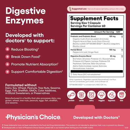 Physician's CHOICE Complete Gut Health Bundle for Bloating, Digestive Health, Immune, & GLP-1 Support - 60 Billion Probiotic 30CT + Digestive Enzymes 60CT + Prebiotic Fiber Gummies 60CT
