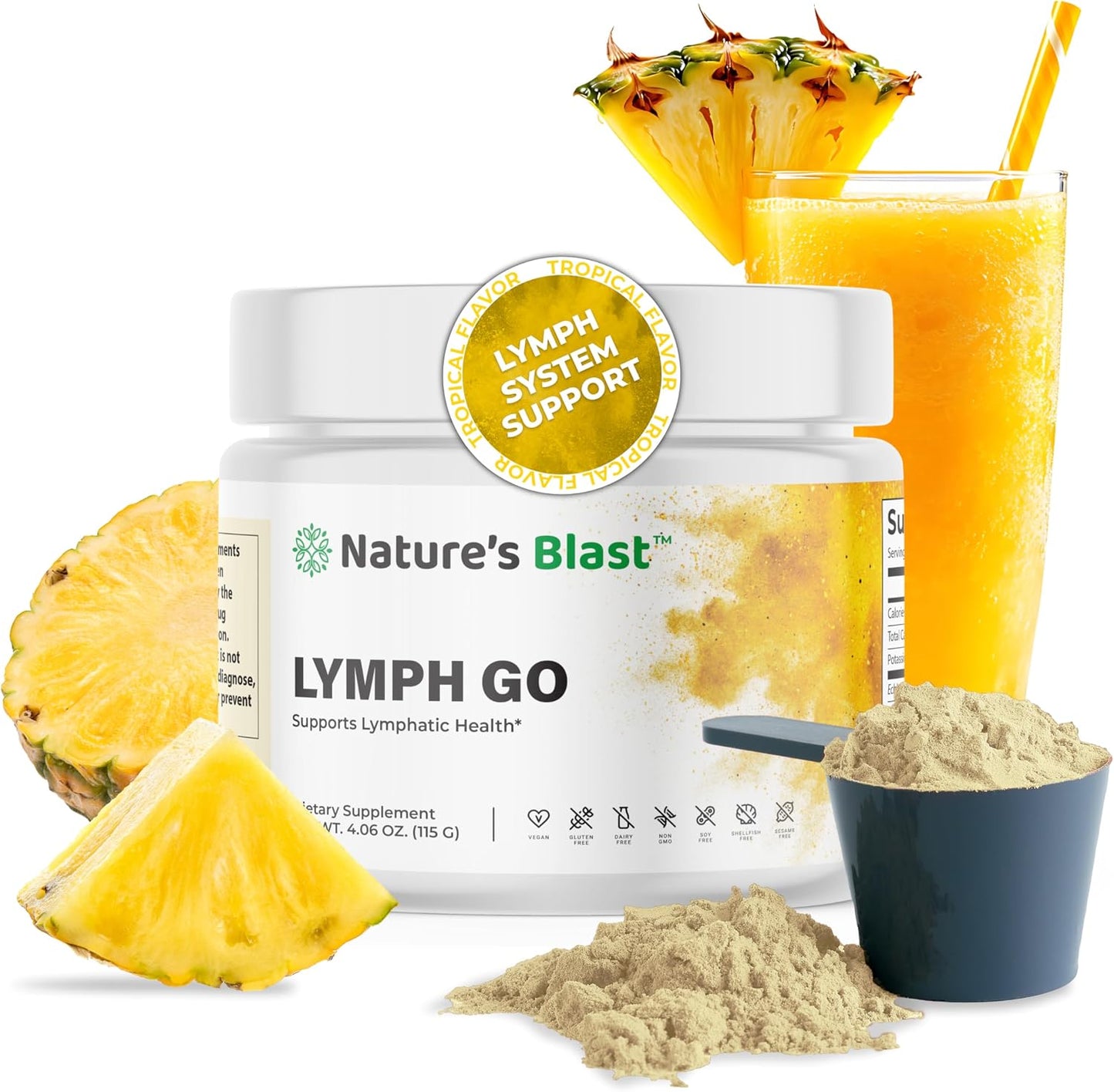 Lymph Go - Lymphatic Drainage Supplement for Women & Men - Lymph System Support - with with Bromelain, Echinacea, Burdock Root, Dandelion, Rutin, Kelp & More - 4.06 Oz - 30 Servings - Tropical Flavor