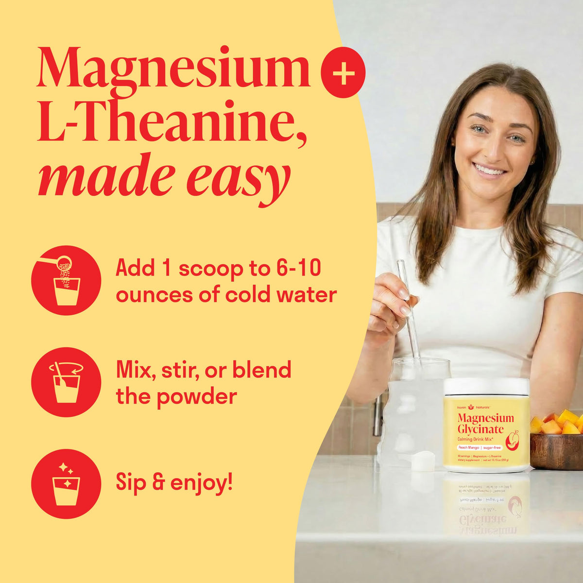 Magnesium Glycinate Powder + L Theanine, 60 Servings, 300mg, Mixed Berry