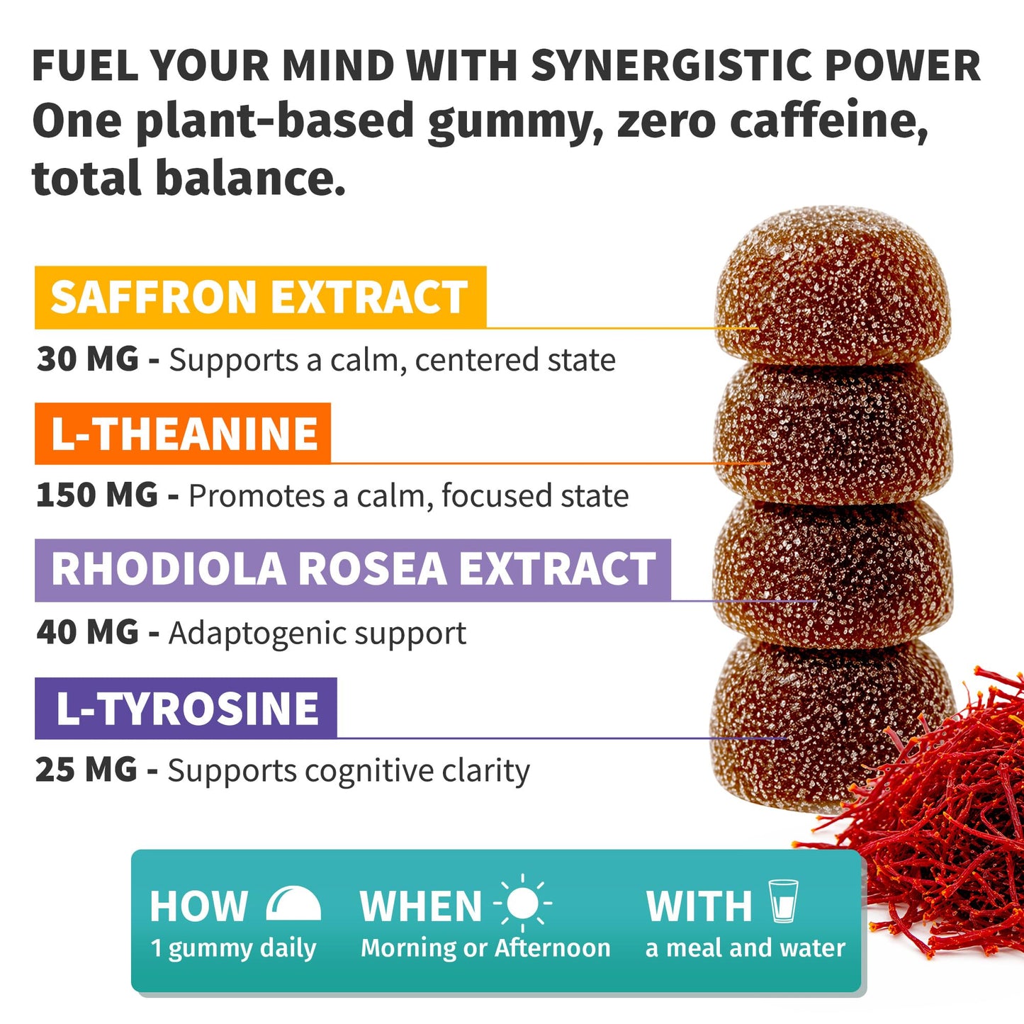 4-in-1 Saffron Gummies - Saffron Supplements with Rhodiola Rosea, L Theanine Gummies & L-Tyrosine - Saffron Extract Mood Support Supplement for Calm & Focus - Vegan, Non-GMO & Gluten-Free (30 Ct)