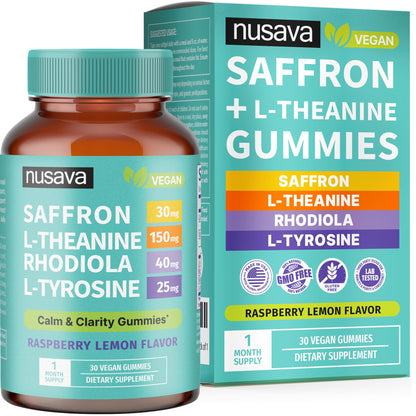 4-in-1 Saffron Gummies - Saffron Supplements with Rhodiola Rosea, L Theanine Gummies & L-Tyrosine - Saffron Extract Mood Support Supplement for Calm & Focus - Vegan, Non-GMO & Gluten-Free (30 Ct)