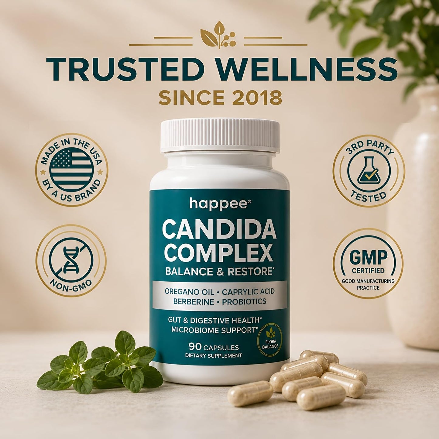 Happee Candida Cleanse Detox Supplement, Gut & Digestive Health, 90 Caps | For Women & Men - Yeast Overgrowth Support – Oregano, Caprylic Acid, Berberine & Probiotics
