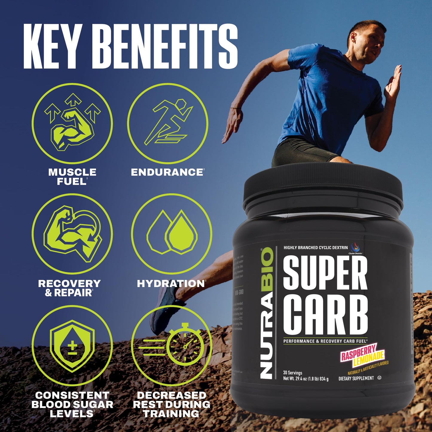 NutraBio Super Carb, Carbohydrate Powder with Cluster Dextrin & Electrolytes, Advanced Carb Supplement Powder for Workout Fuel, Performance, and Muscle Recovery, Cyclic Dextrin, Unflavored, 30 Sv