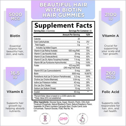 Hello Lovely! Hair Vitamins Gummies with Biotin 5000 mcg Vitamin E & C Support Hair