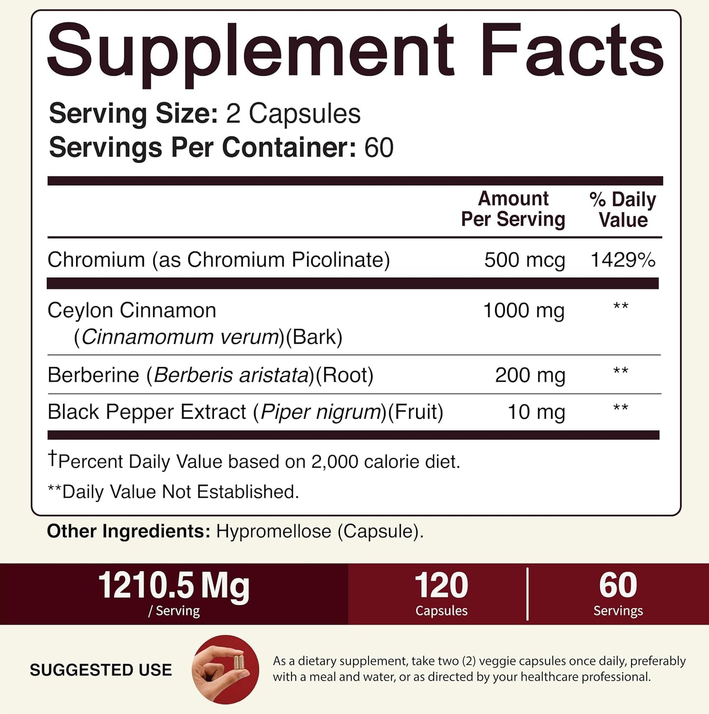 NutriFlair Ceylon Cinnamon, Berberine, Chromium 1200mg, 120 Capsules | Premium Botanical Blend, High Potency Formula, Non-GMO, Third Party Tested. Contains Berberine HCl