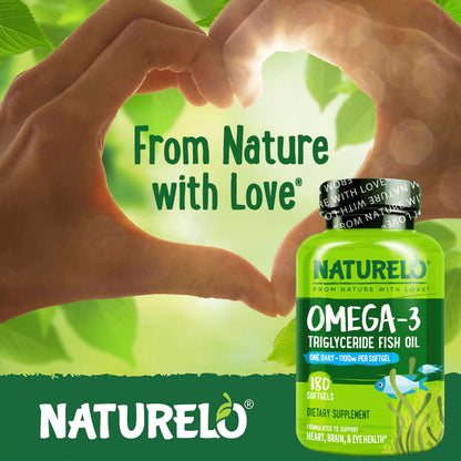 NATURELO Burpless Omega 3 Fish Oil Supplement - 1100mg Triglyceride Omega-3, EPA + DHA, Liquid Fish Oil for Heart, Eye, Brain, Joint Health - 120 Softgels, 4 Months Supply