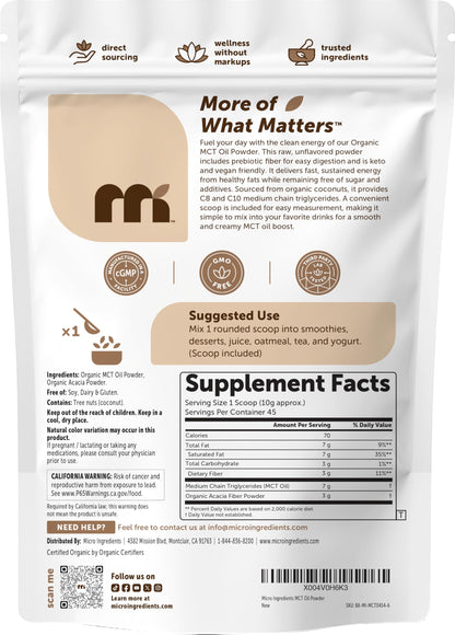 Micro Ingredients Organic MCT Oil Powder with Prebiotic Fiber,1 Pound (16 Ounce) | C8 MCT Oil for Coffee Creamer | No GMOs, Keto Diet, Vegan