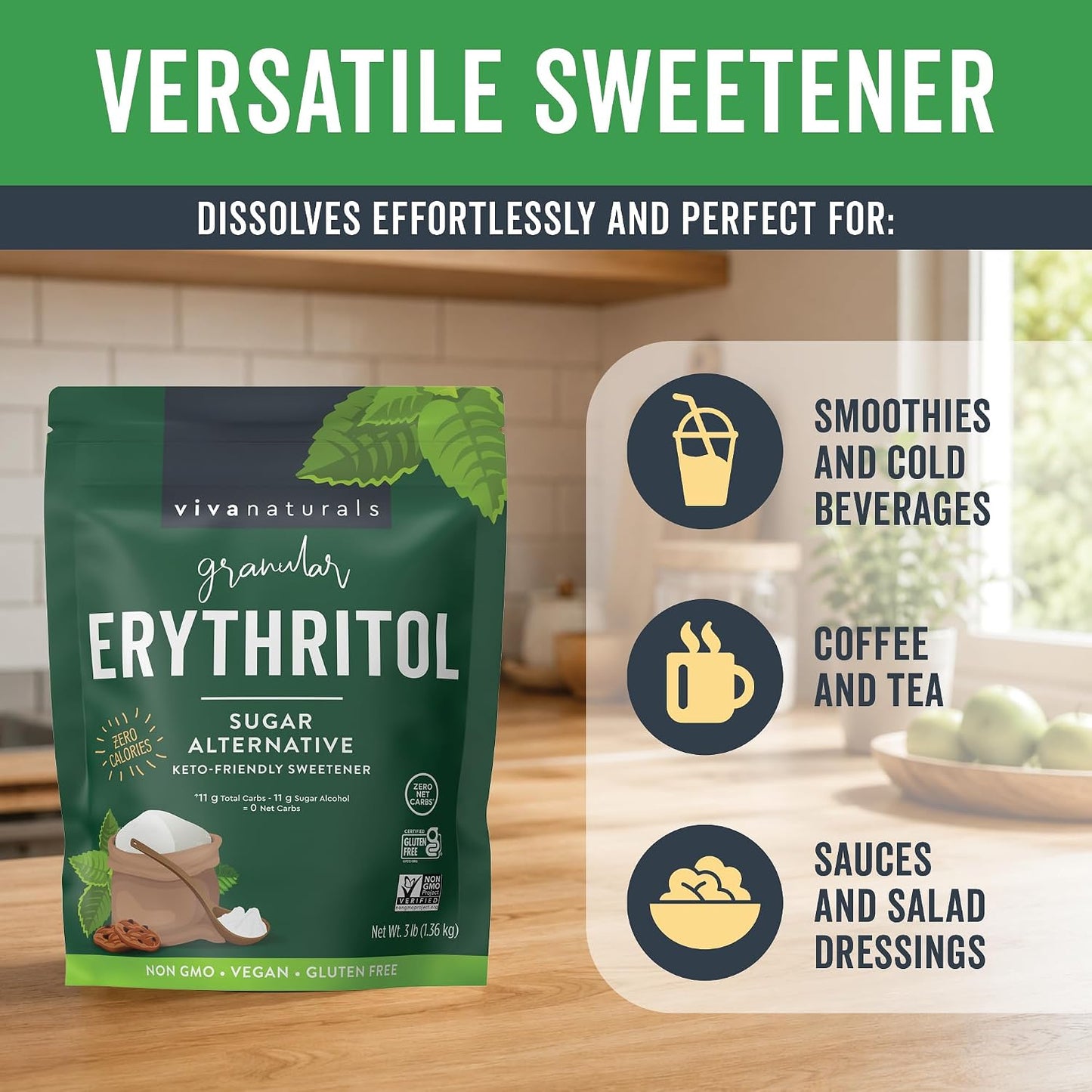 Viva Naturals Erythritol Sweetener, 3 lb – Zero Calorie Sugar Alternative, No Bitter Aftertaste, Low Glycemic Index, Ideal for Baking & Sweetening - Keto Friendly, Non-GMO