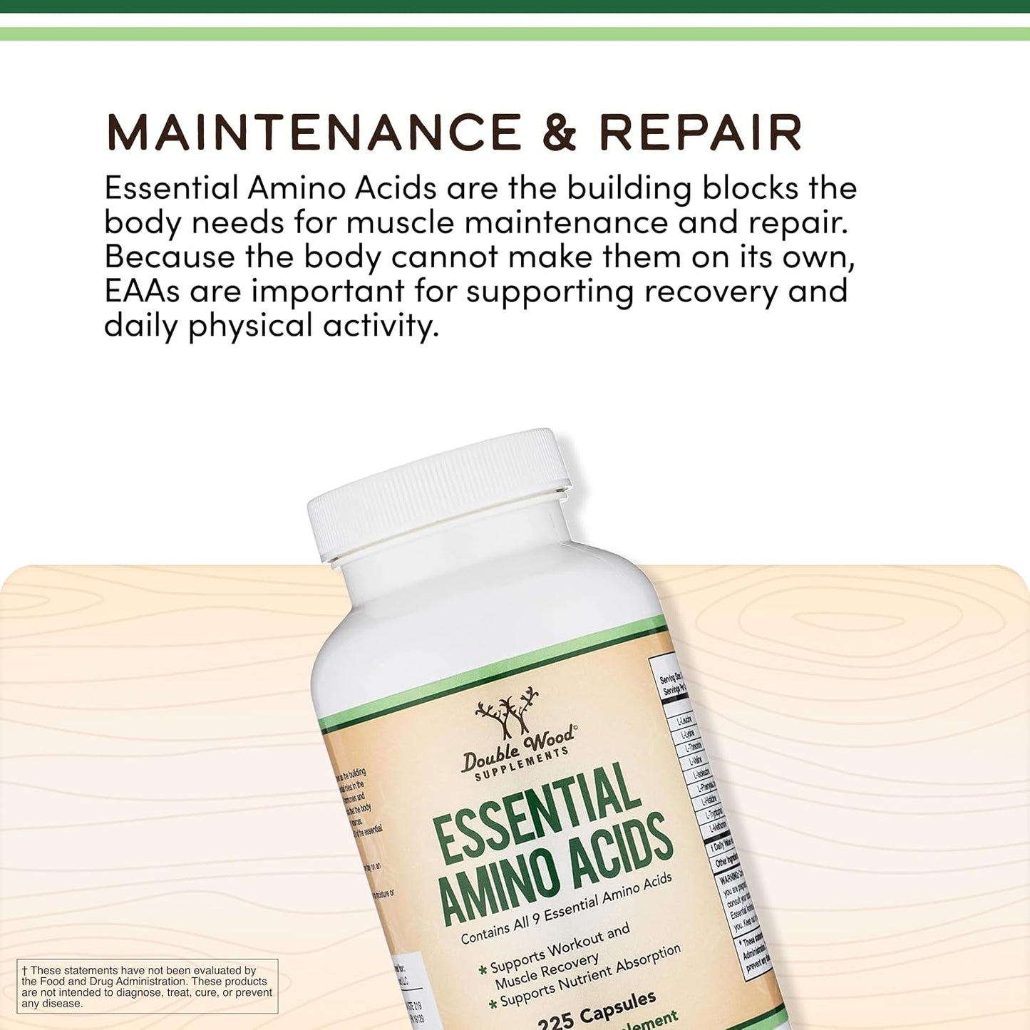 Essential Amino Acids - 1 Gram Per Serving Powder Blend of All 9 Essential Aminos (EAA) and All Branched-Chain Aminos (BCAAs) (Leucine, Isoleucine, Valine) 225 Capsules, Gluten Free by Double Wood