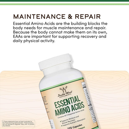 Essential Amino Acids - 1 Gram Per Serving Powder Blend of All 9 Essential Aminos (EAA) and All Branched-Chain Aminos (BCAAs) (Leucine, Isoleucine, Valine) 225 Capsules, Gluten Free by Double Wood